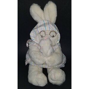 VTG Chosun White Bunny Rabbit Mom + Baby Plush Toy Striped Outfit Wire Glasses